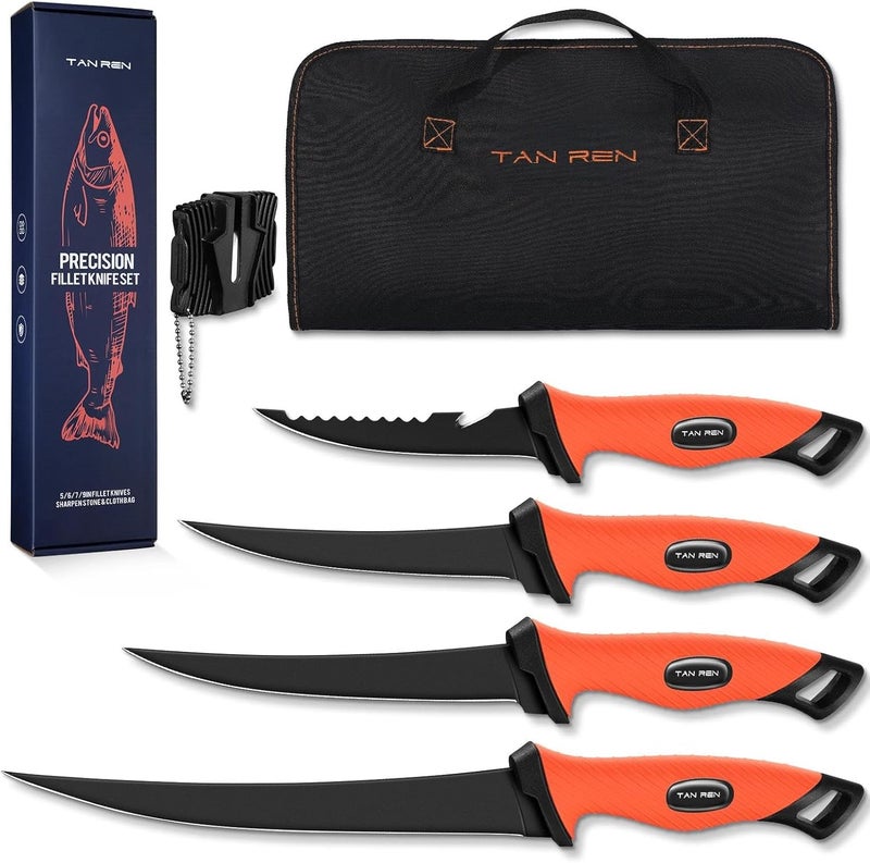 TAN REN Fish Filet Knife Set – 5 PCS Stainless Steel Bait & Fillet Knives with Sharpener and Storage Bag, Fishing Knives Kit with Non-Slip Handle for Filleting, Boning, Fishing Gift for Men - Image 1
